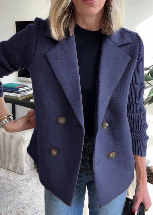 Women's Double Breasted Brushed Jacket, Knit Sleeve Notch Lapel Blazer Jacket