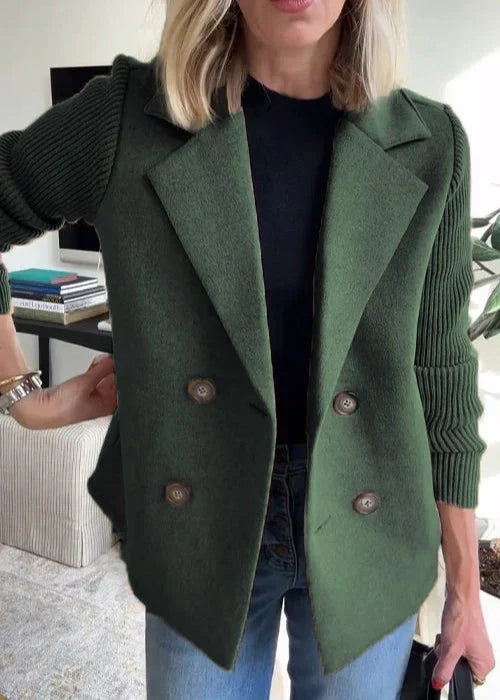 Women's Double Breasted Brushed Jacket, Knit Sleeve Notch Lapel Blazer Jacket