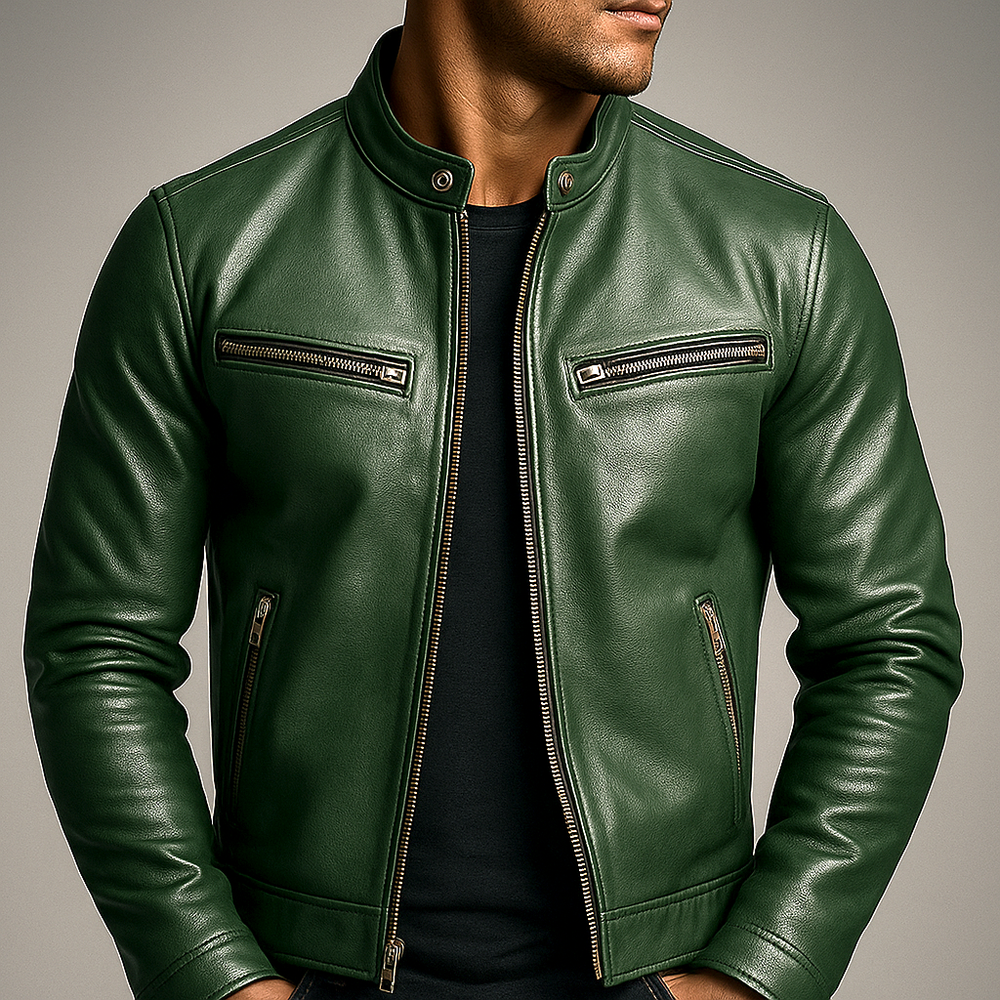 Men's Faux Leather Snap Collar Moto Jacket, Zip Up Racer Style Biker Jacket