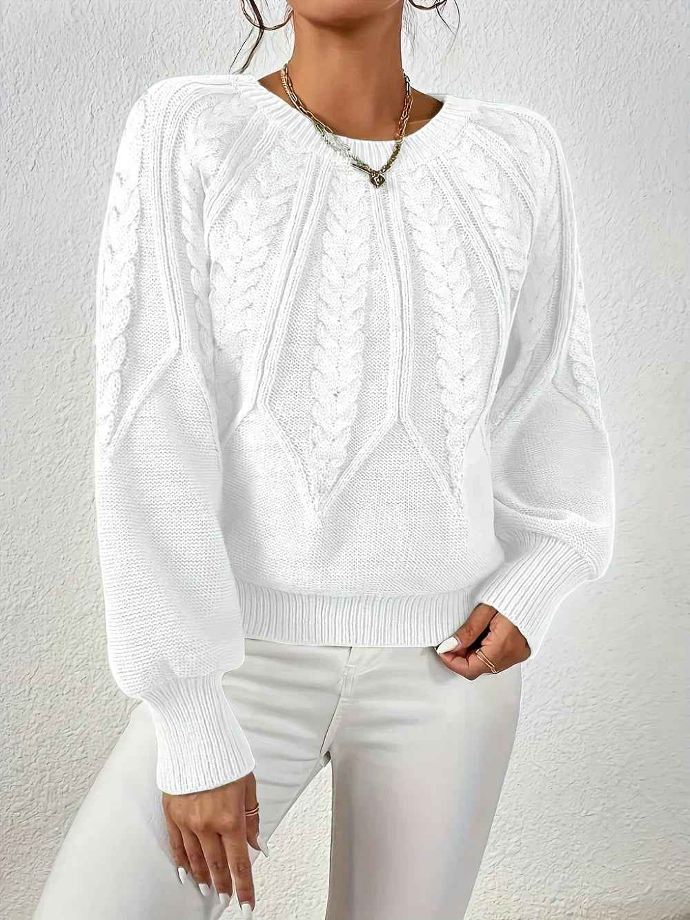 Women's Chevron Cable Knit Sweater, Lantern Sleeve Crewneck Pullover
