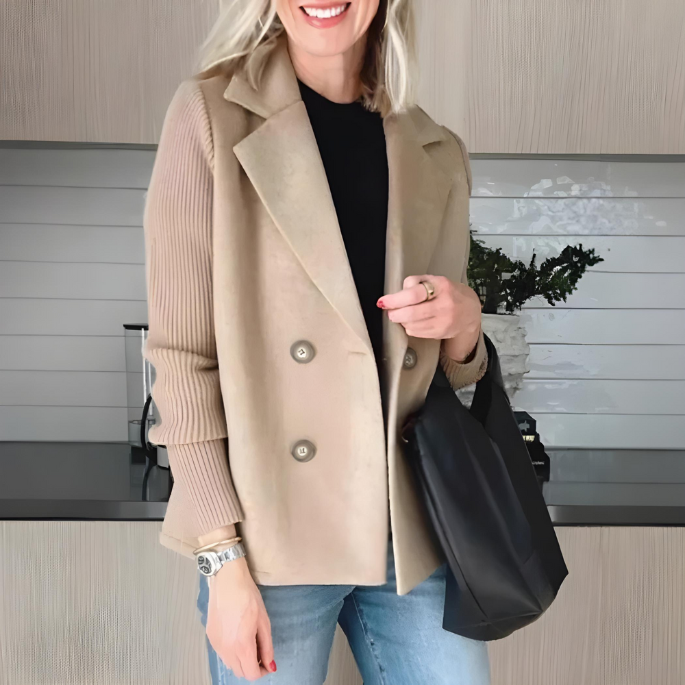 Women's Double Breasted Brushed Jacket, Knit Sleeve Notch Lapel Blazer Jacket