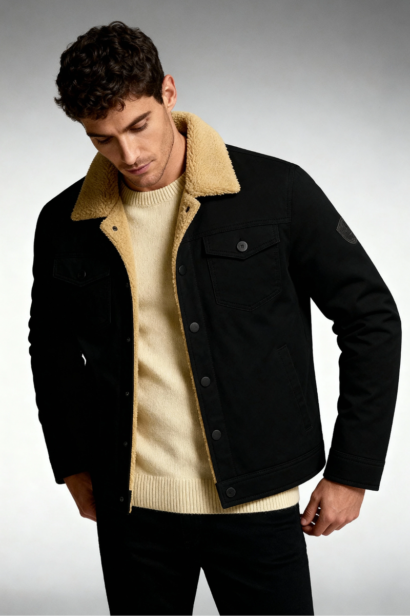 Men's Sherpa Collar Twill Trucker Jacket, Button Front Lined Winter Jacket