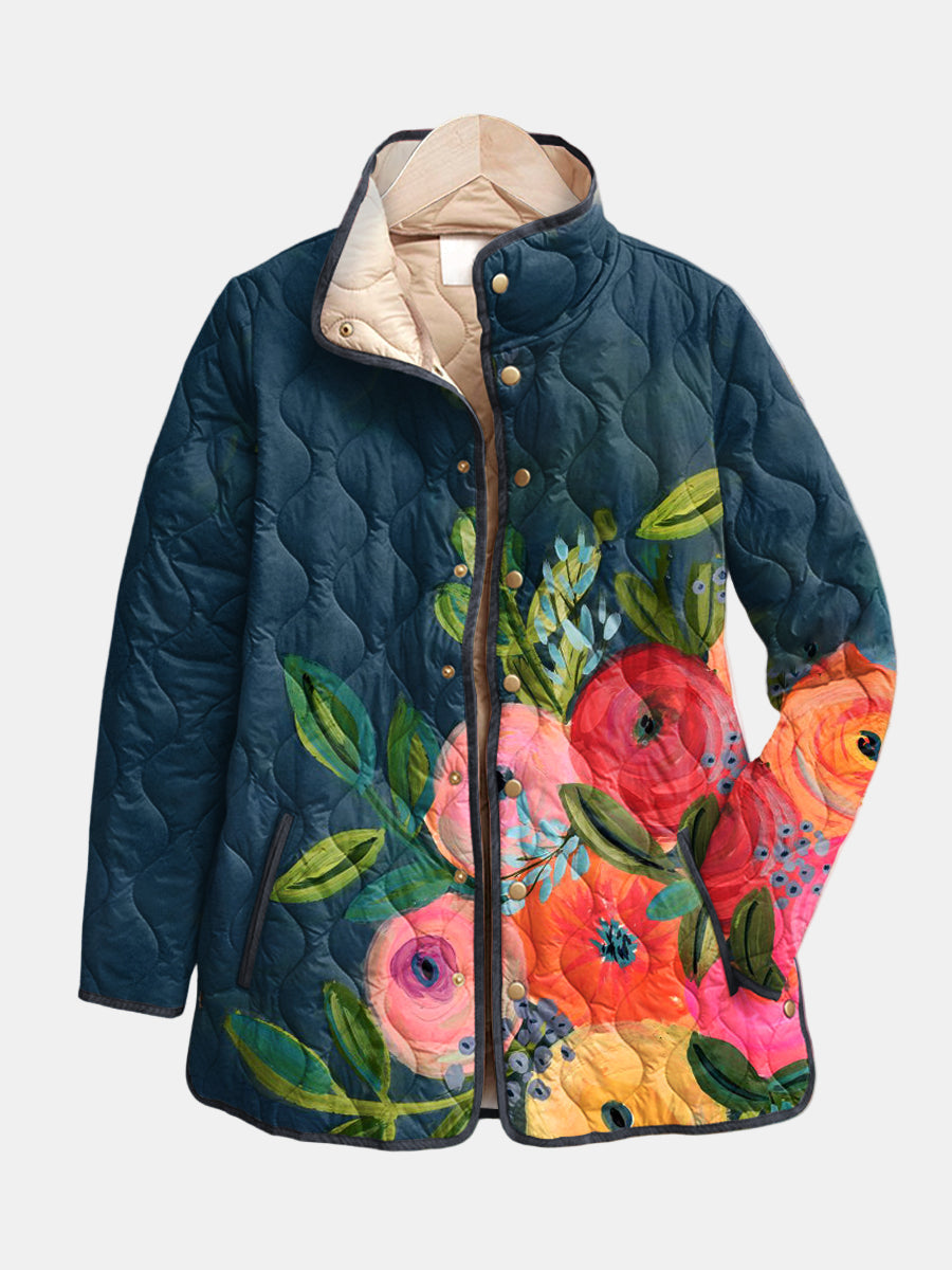 Women's Painted Floral Quilted Jacket, Snap Front Stand Collar Padded Coat