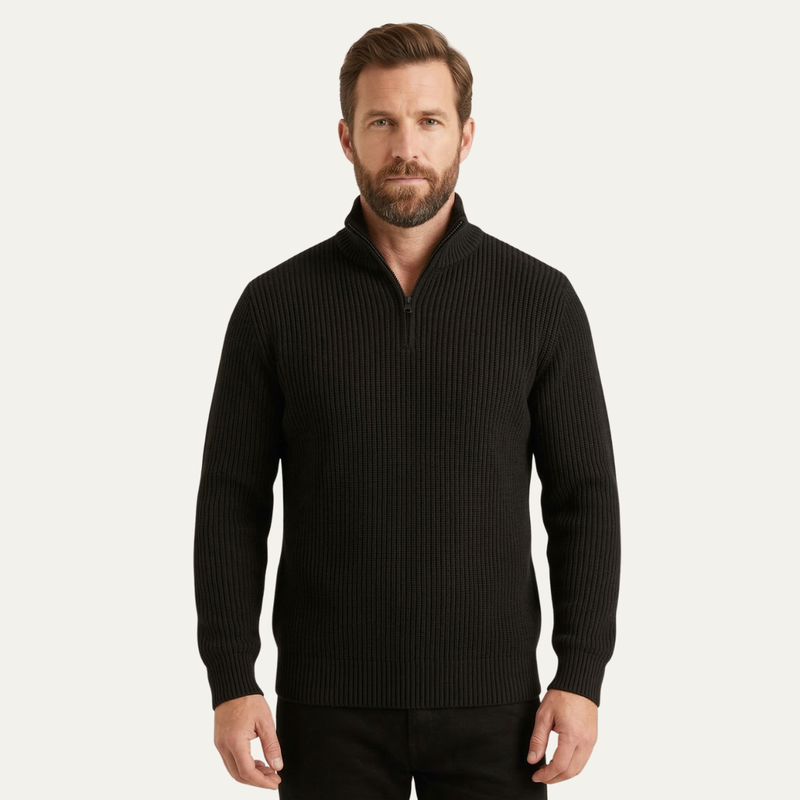 Men's Heavy Rib Knit Quarter Zip Sweater, Stand Collar Metal Zip Winter Pullover