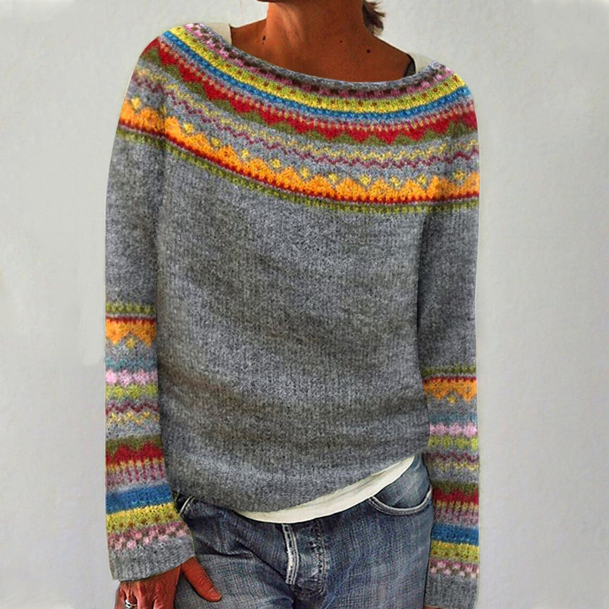 Women's Mixed Pattern Fuzzy Knit Sweater, Relaxed Crewneck Retro Pullover
