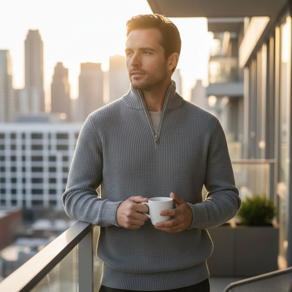 Men's Vertical Ribbed Quarter Zip Sweater, High Stand Collar Winter Pullover