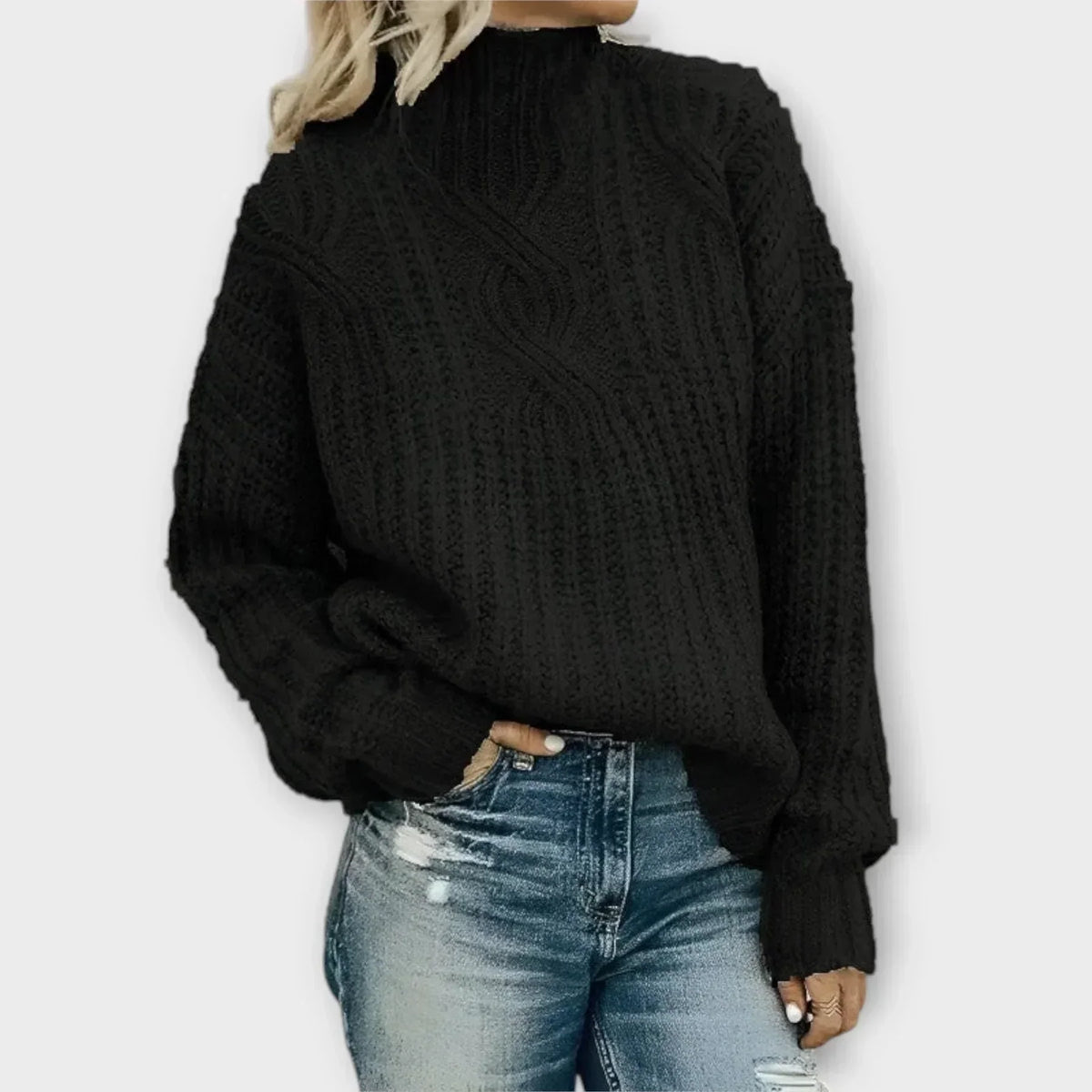 Women's Chunky Cable Knit Sweater, Mock Neck Oversized Drop Shoulder Pullover