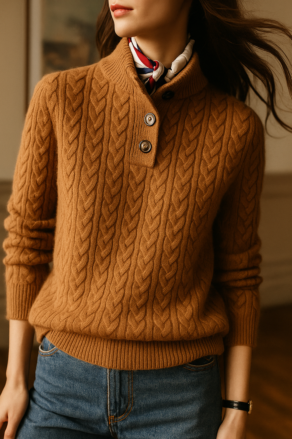 Women's Cable Knit Button Neck Sweater, Stand Collar Henley Pullover