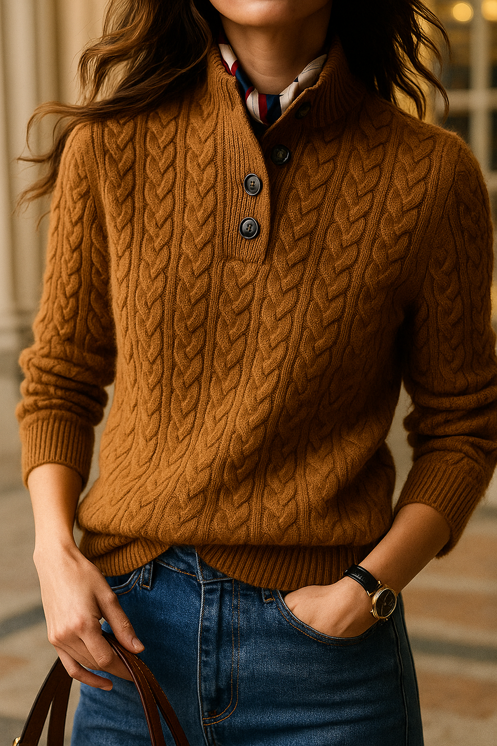 Women's Cable Knit Button Neck Sweater, Stand Collar Henley Pullover