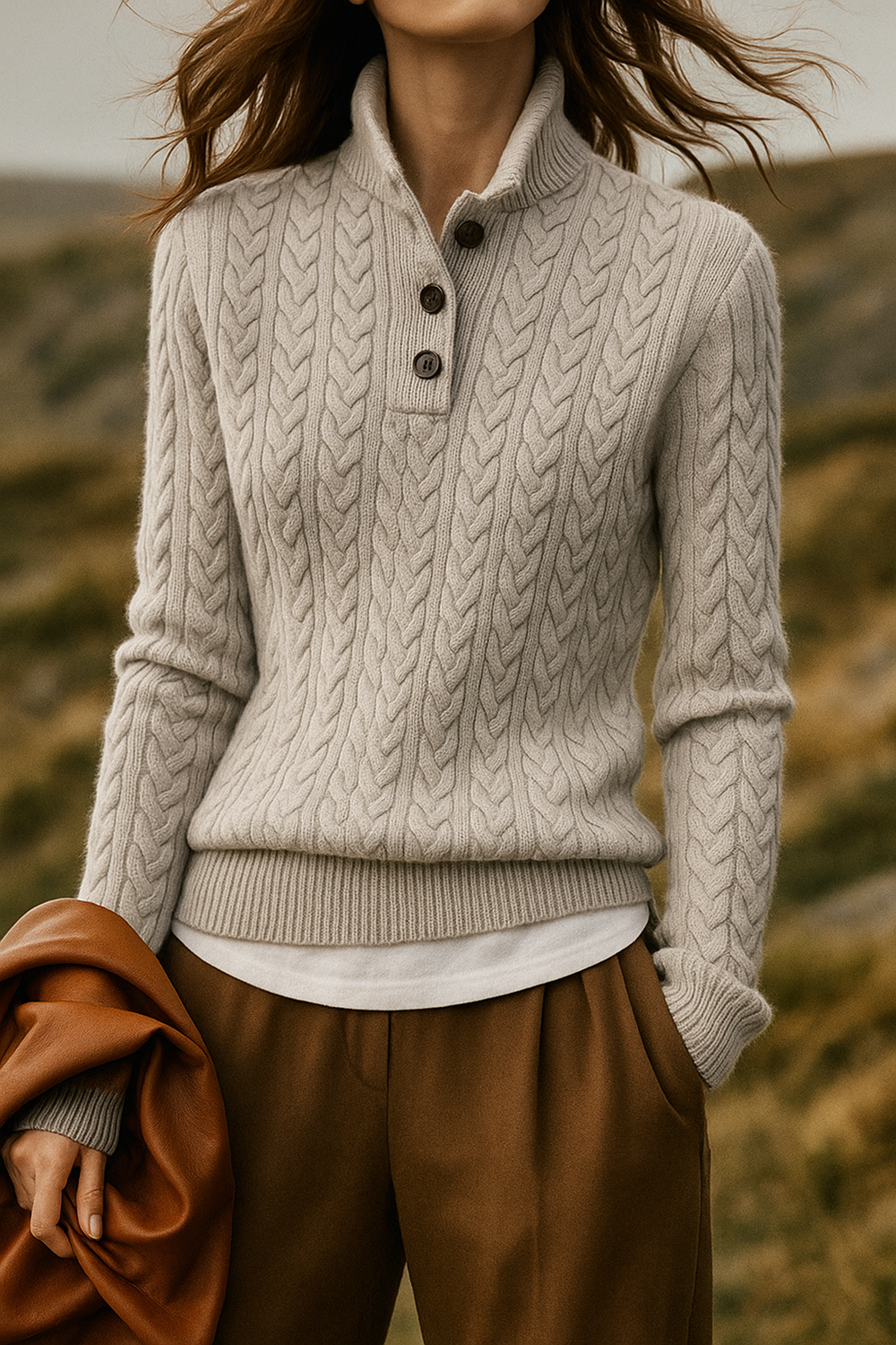 Women's Cable Knit Button Neck Sweater, Stand Collar Henley Pullover