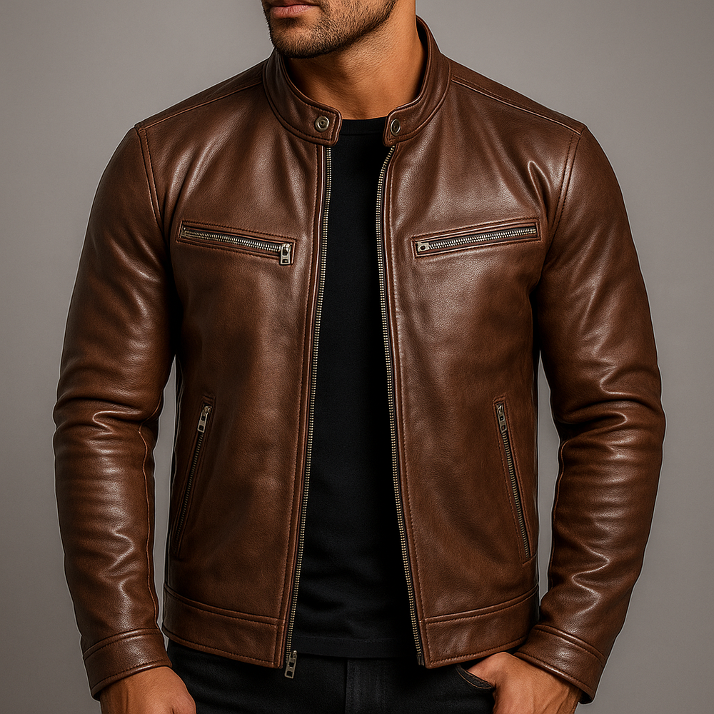 Men's Faux Leather Snap Collar Moto Jacket, Zip Up Racer Style Biker Jacket