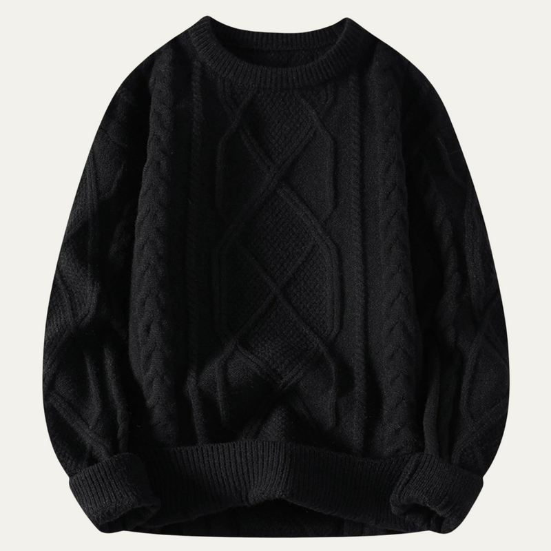 Men's Diamond Cable Knit Sweater, Relaxed Crewneck Winter Pullover