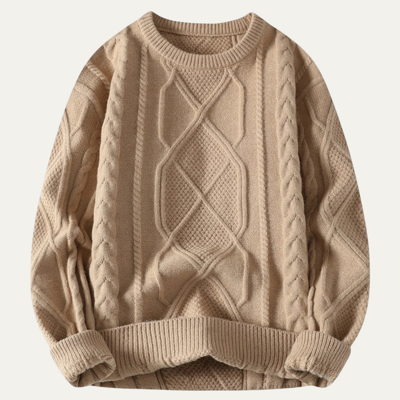Men's Diamond Cable Knit Sweater, Relaxed Crewneck Winter Pullover