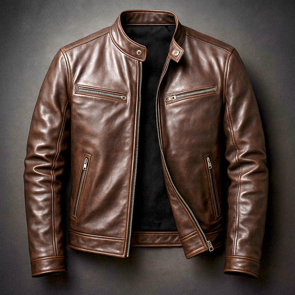 Men's Faux Leather Snap Collar Moto Jacket, Zip Up Racer Style Biker Jacket
