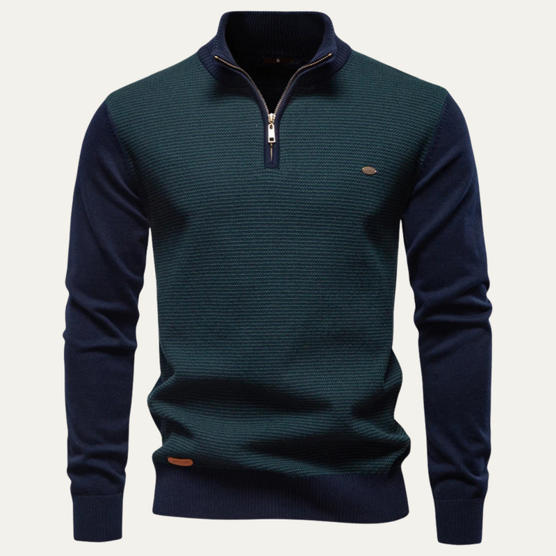 Men's Color Block Quarter Zip Sweater, Textured Stripe Stand Collar Pullover