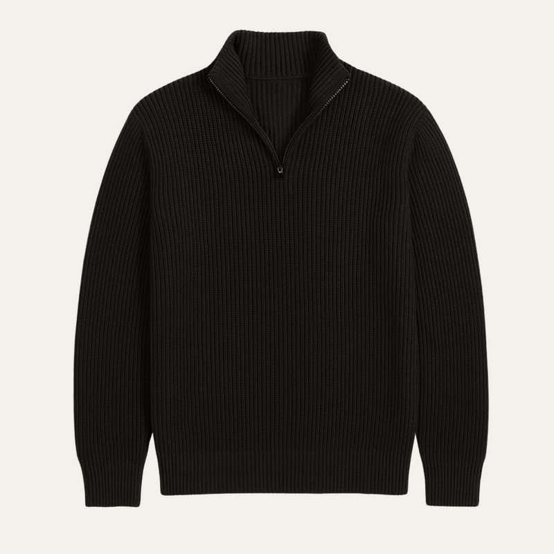Men's Heavy Rib Knit Quarter Zip Sweater, Stand Collar Metal Zip Winter Pullover