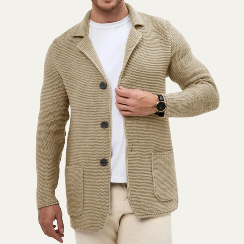 Men's Ridged Knit Blazer, Notch Lapel Button Front Cardigan Jacket