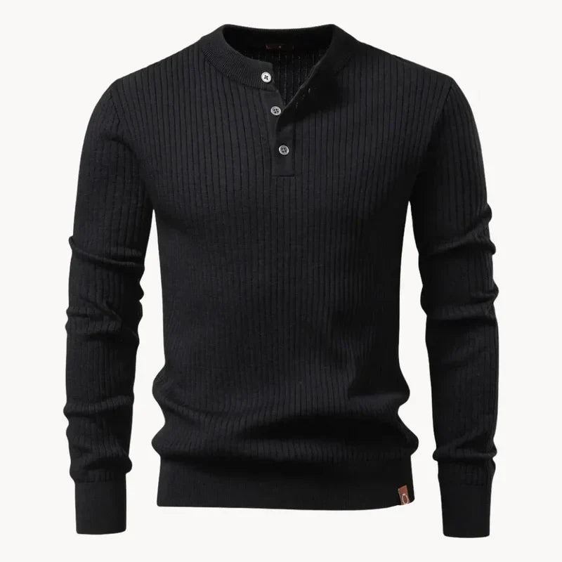 Men's Ribbed Knit Henley Sweater, Three Button Long Sleeve Pullover