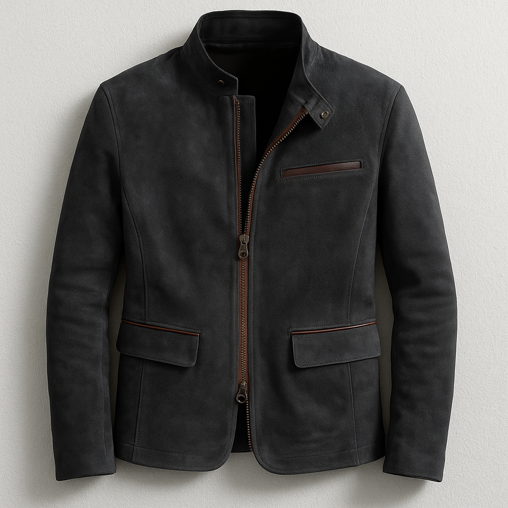 Men's Faux Suede Field Jacket, Zip Up Snap Tab Stand Collar Jacket