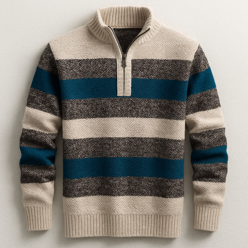 Men's Wide Stripe Quarter Zip Sweater, Textured Knit Stand Collar Pullover
