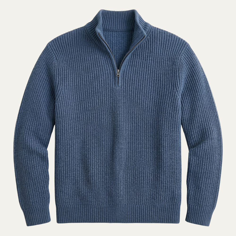 Men's Heavy Rib Knit Quarter Zip Sweater, Stand Collar Metal Zip Winter Pullover