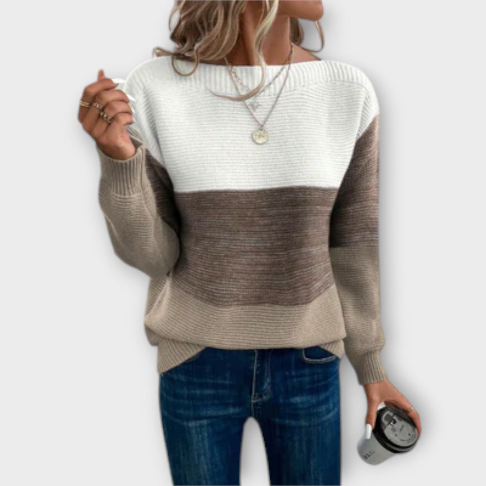 Women's Three Tone Color Block Sweater, Boat Neck Drop Shoulder Knit Pullover
