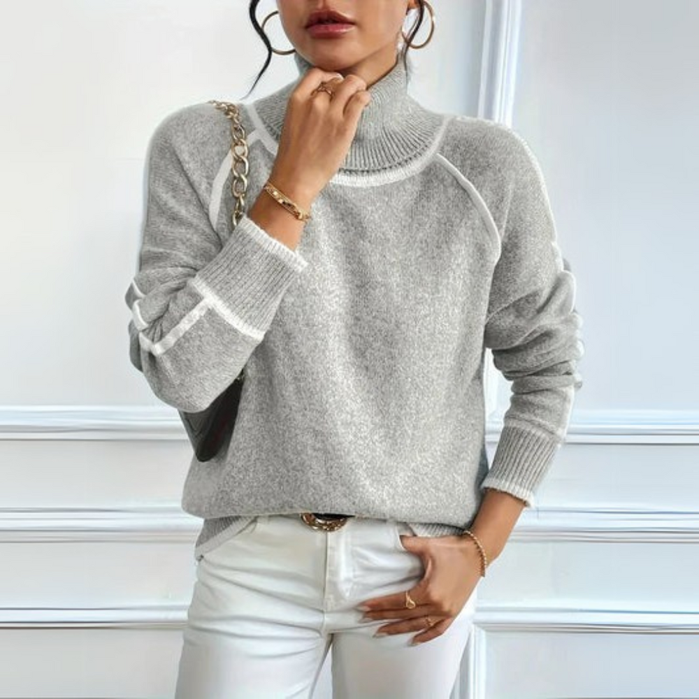Women's Contrast Trim Turtleneck Sweater, Relaxed Soft Knit Winter Pullover