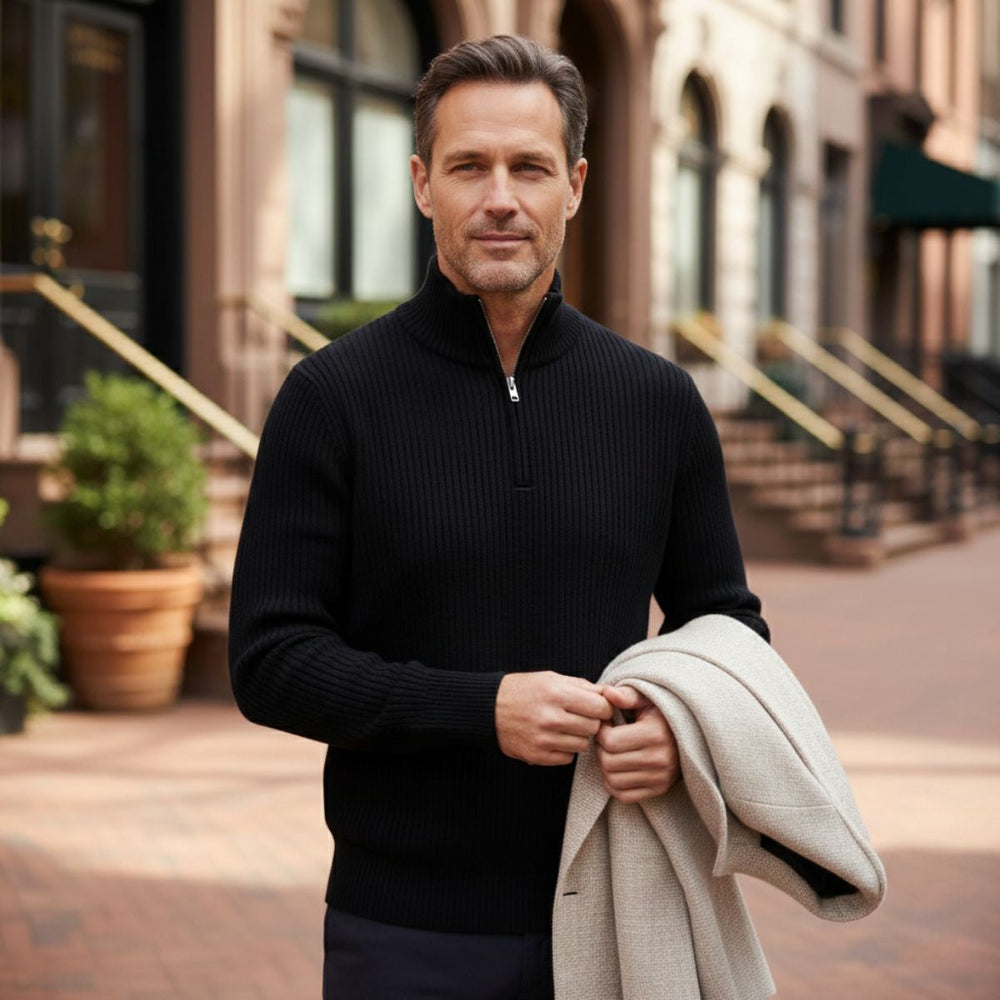 Men's Vertical Ribbed Quarter Zip Sweater, High Stand Collar Winter Pullover