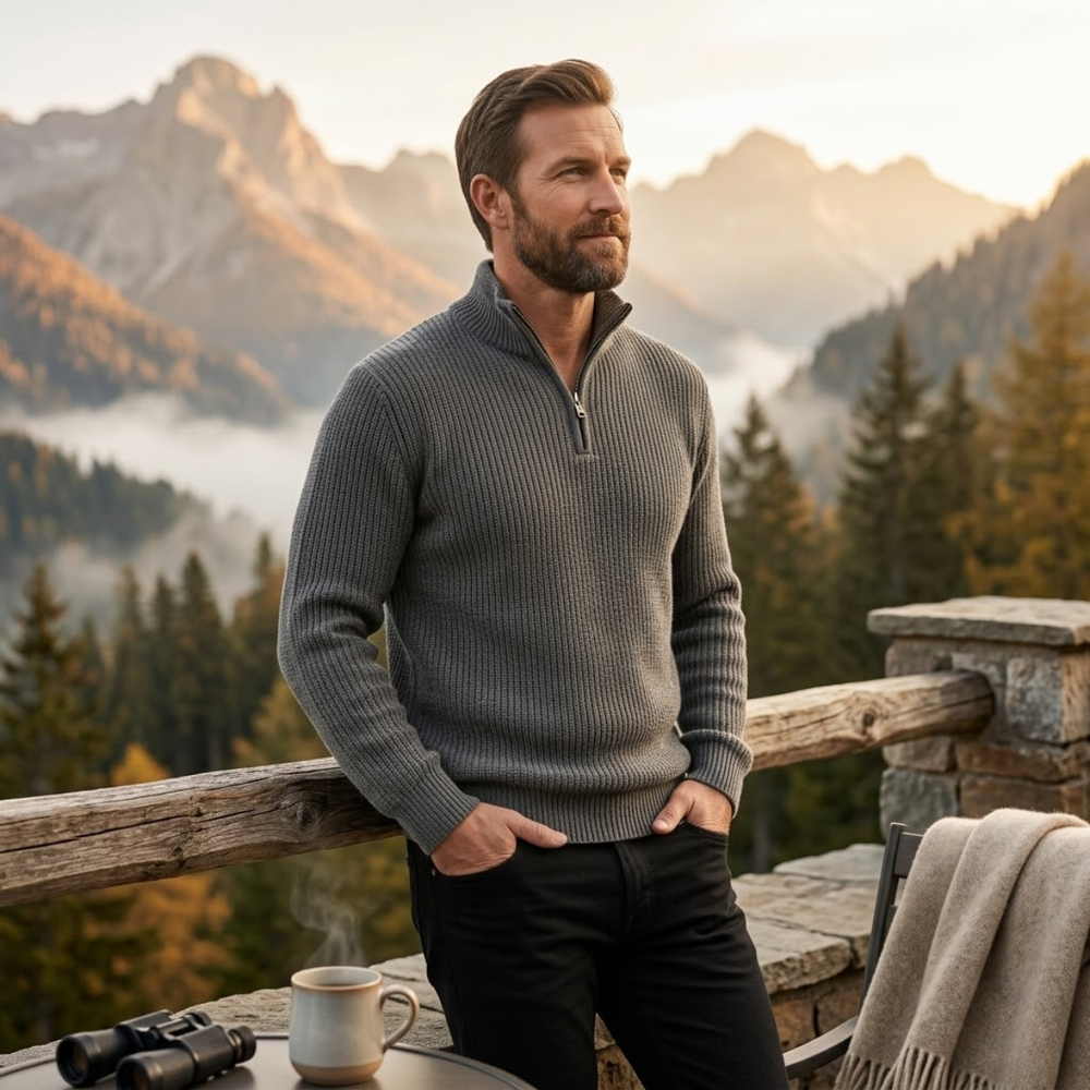 Men's Heavy Rib Knit Quarter Zip Sweater, Stand Collar Metal Zip Winter Pullover