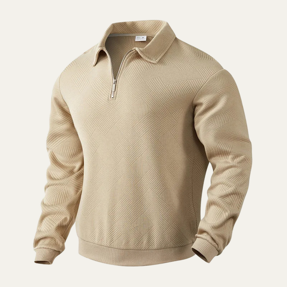Men's Geometric Texture Quarter Zip Sweater, Spread Collar Relaxed Pullover