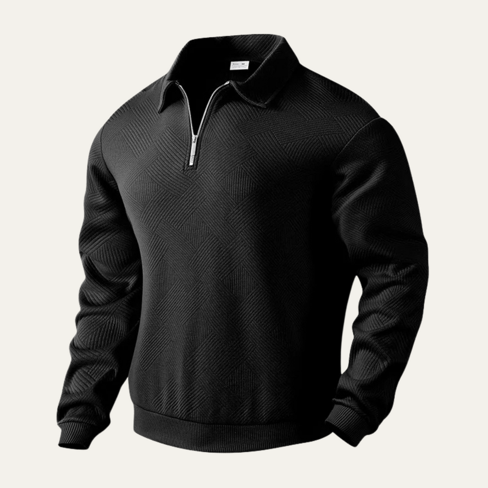 Men's Geometric Texture Quarter Zip Sweater, Spread Collar Relaxed Pullover