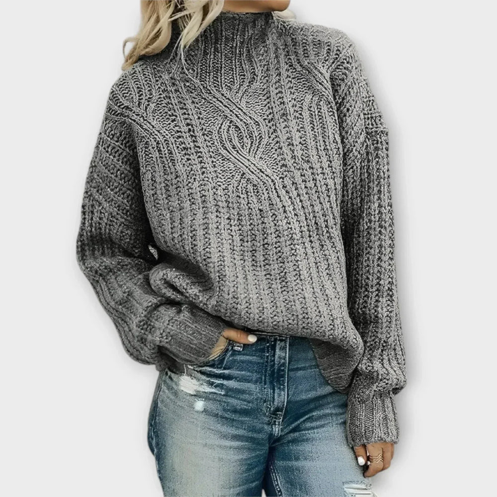 Women's Chunky Cable Knit Sweater, Mock Neck Oversized Drop Shoulder Pullover