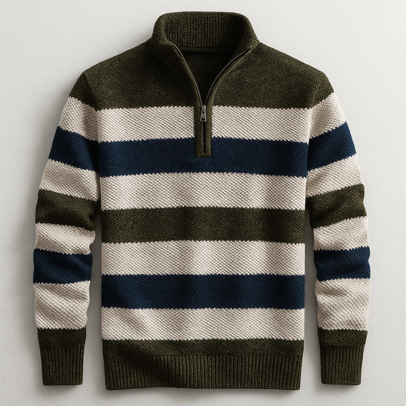 Men's Wide Stripe Quarter Zip Sweater, Textured Knit Stand Collar Pullover