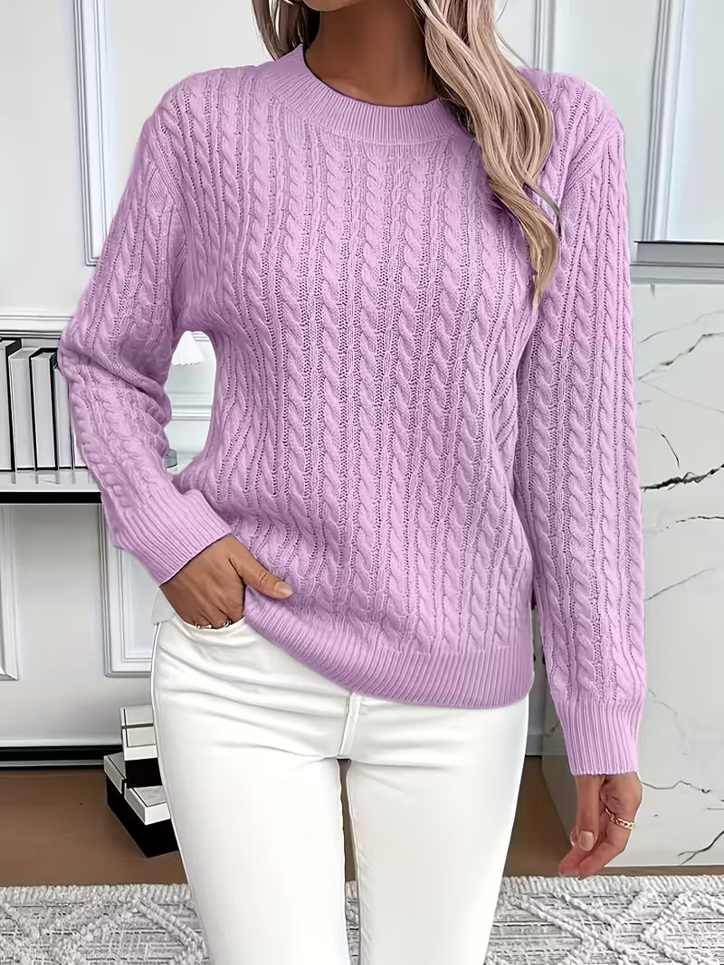 Women's Cable Knit Crewneck Sweater, Classic Fit Long Sleeve Winter Pullover