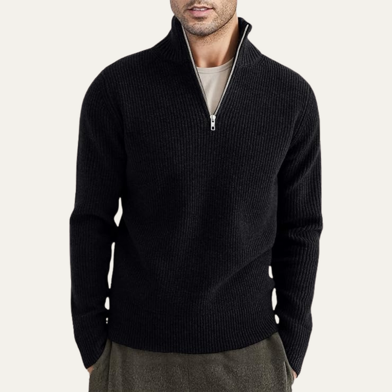 Men's Vertical Ribbed Quarter Zip Sweater, High Stand Collar Winter Pullover