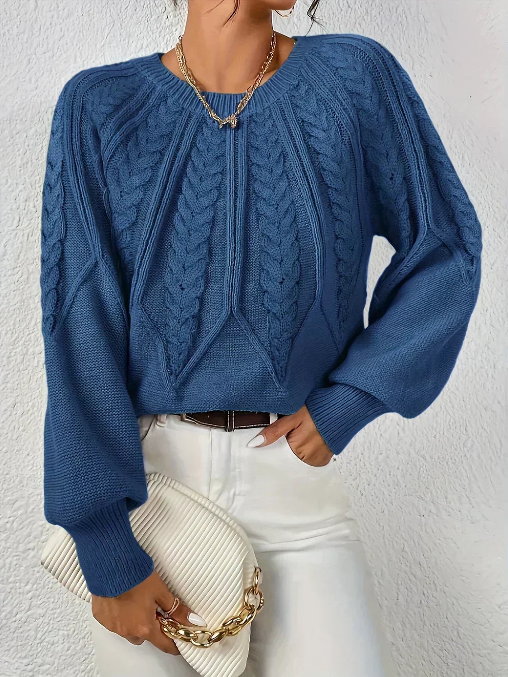 Women's Chevron Cable Knit Sweater, Lantern Sleeve Crewneck Pullover