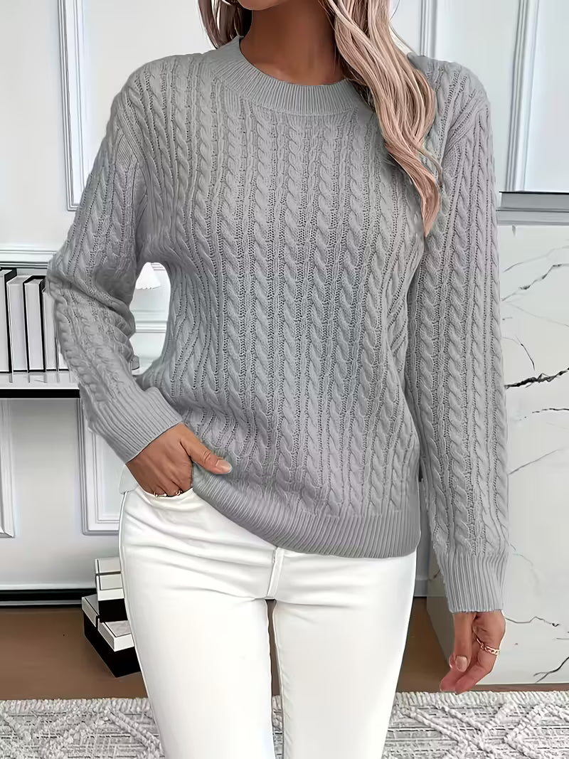 Women's Cable Knit Crewneck Sweater, Classic Fit Long Sleeve Winter Pullover
