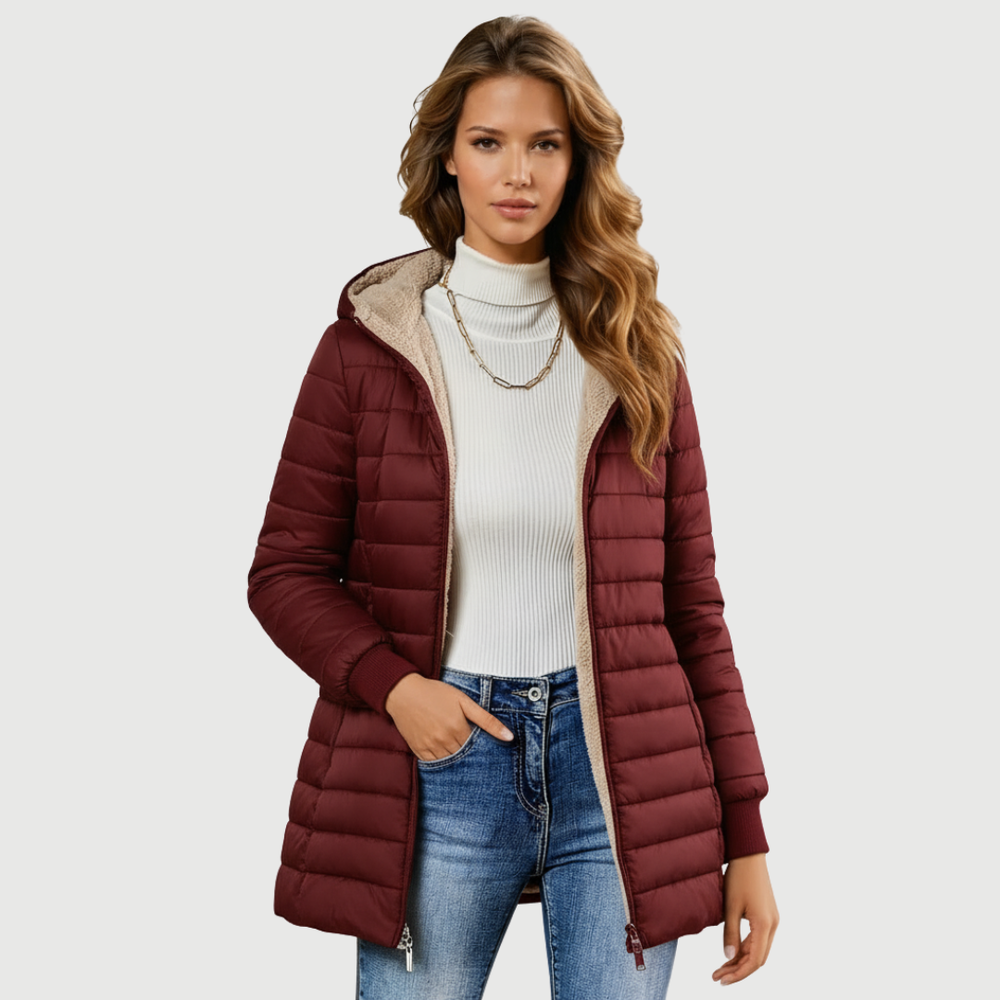Women's Fleece Lined Quilted Puffer Jacket, Hooded Zip Up Fitted Winter Coat