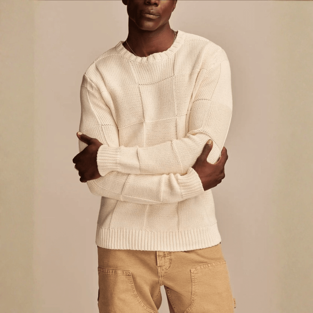Men's Checkerboard Textured Knit Sweater, Crewneck Everyday Winter Pullover