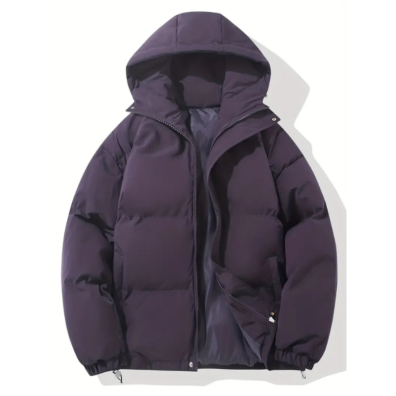 Men's Boxy Hooded Puffer Jacket, Quilted Drawcord Hem Zip Up Winter Coat