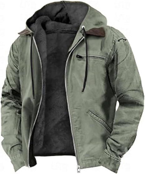 Men's Fleece Lined Hooded Work Jacket, Rugged Washed Utility Winter Jacket