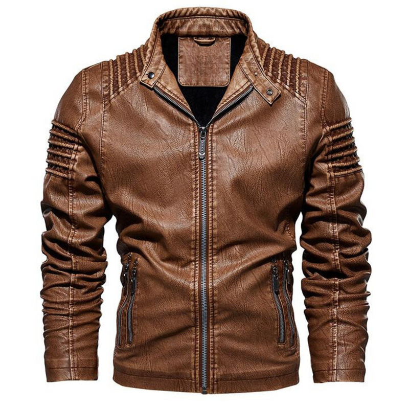 Men's Fleece Lined Faux Leather Moto Jacket, Ridged Shoulder Zip Up Biker Jacket