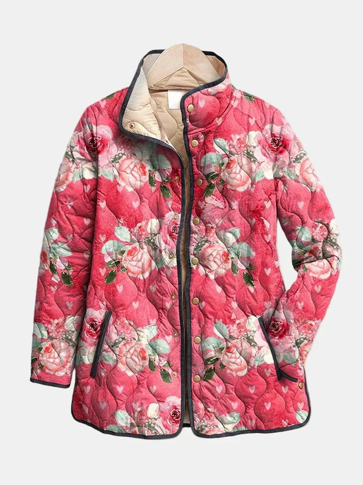 Women's All Over Rose Print Quilted Jacket, Snap Front Stand Collar Padded Coat