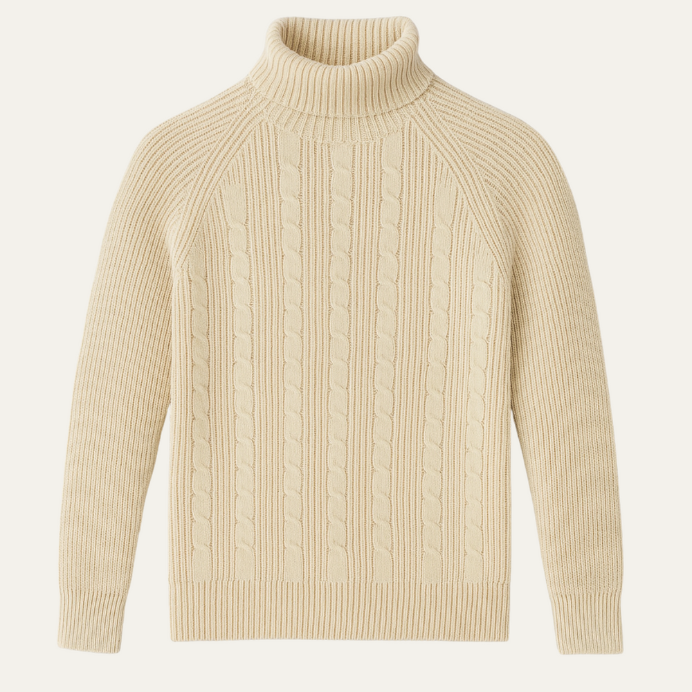 Men's Beige Cable-Knit Sweater, Turtleneck Pullover