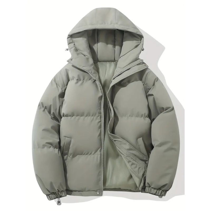 Men's Boxy Hooded Puffer Jacket, Quilted Drawcord Hem Zip Up Winter Coat