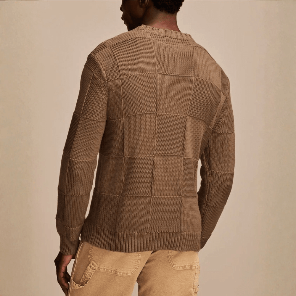 Men's Checkerboard Textured Knit Sweater, Crewneck Everyday Winter Pullover
