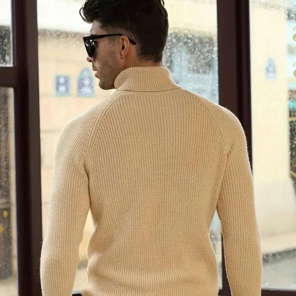 Men's Beige Cable-Knit Sweater, Turtleneck Pullover