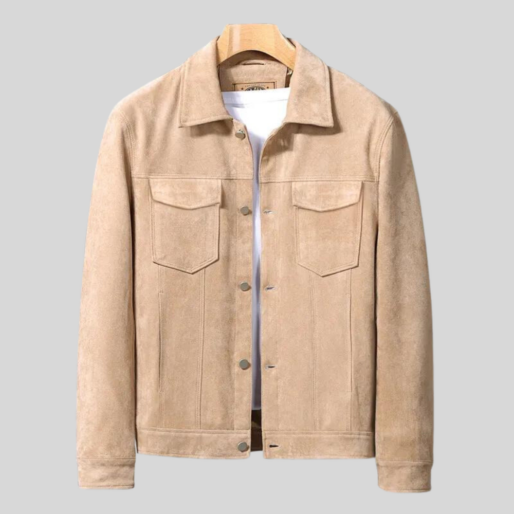 Men's Faux Suede Trucker Jacket, Snap Front Point Collar Lined Jacket