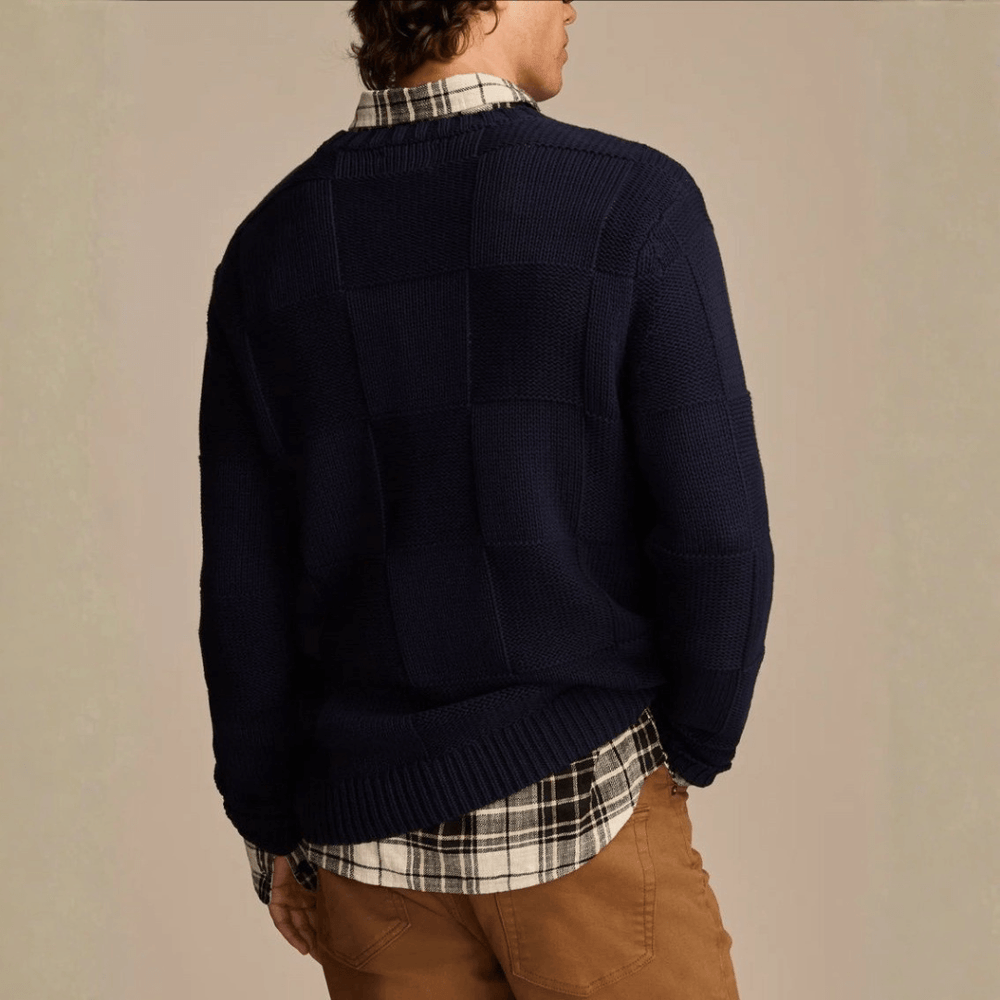 Men's Checkerboard Textured Knit Sweater, Crewneck Everyday Winter Pullover