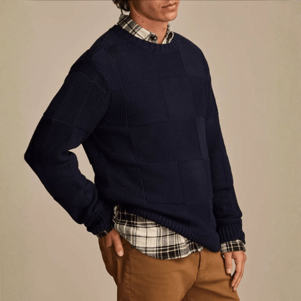 Men's Checkerboard Textured Knit Sweater, Crewneck Everyday Winter Pullover